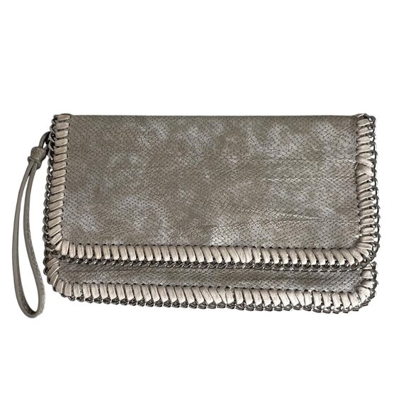 Inzi Silver Metallic Faux Snakeskin Clutch With Chain Trim & Wristlet - Picture 1 of 8
